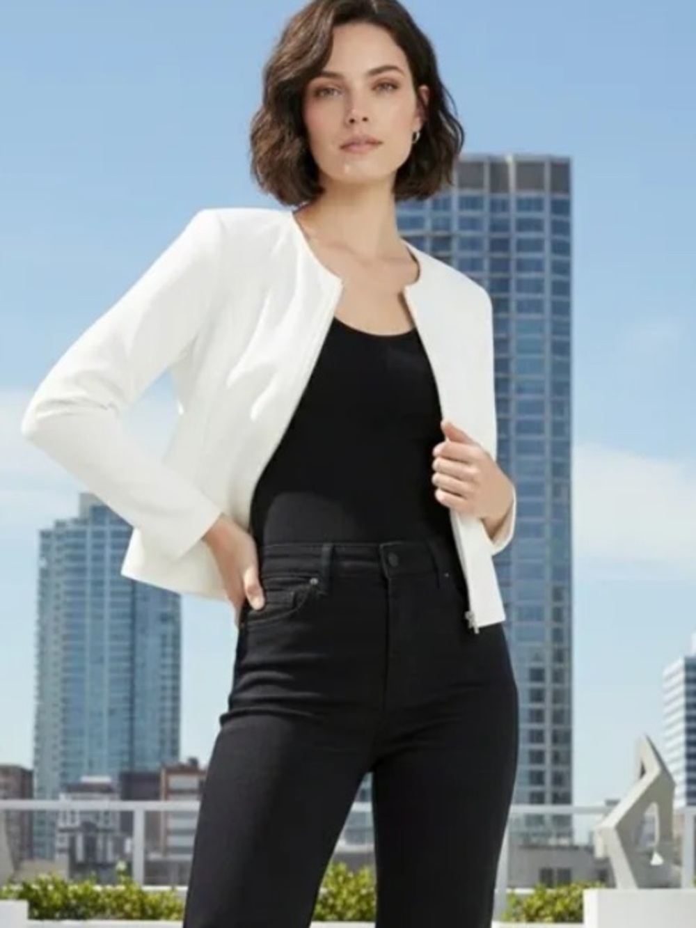 NEW Barbara Bui White Minimalist Zipper Closure Blazer Size 38